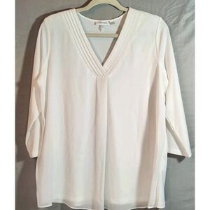 Calvin Klein Woman Med. White Blouse Gold Accent Logo Boho Airy 3/4 Sleeve Vneck